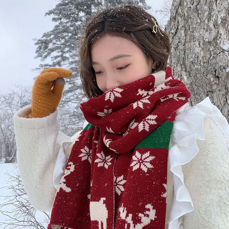 Christmas Elk Knitted Wool Scarf for Women