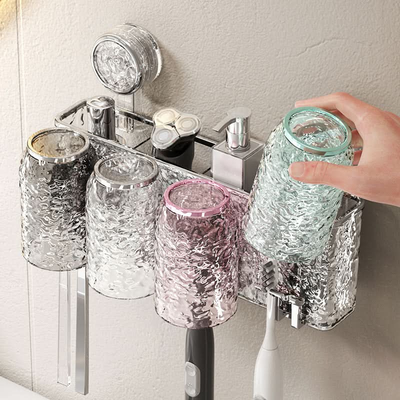 Punch-Free Wall-Mounted Toothbrush Holder with Mouthwash Cup