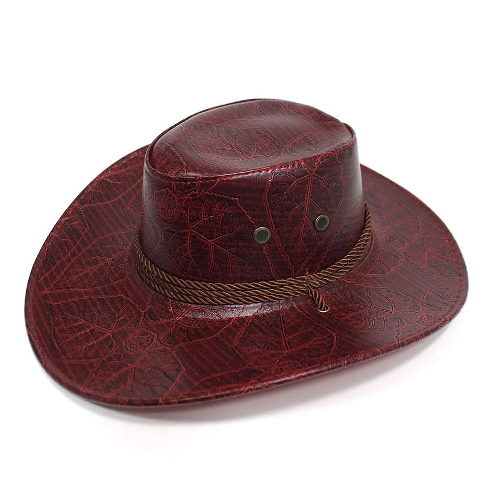 Leaf Pattern PU Leather Cowboy Hat – Unisex Wide Brim Western Jazz Hat