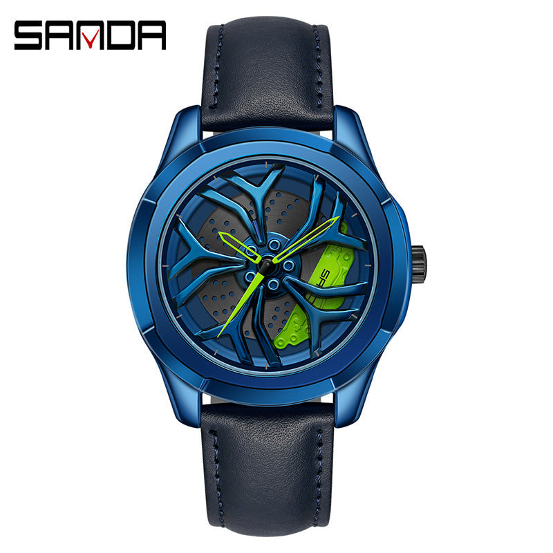 Sanda Men's Quartz Watch – Hollow Wheel Design, Leather Strap, Waterproof Timepiece