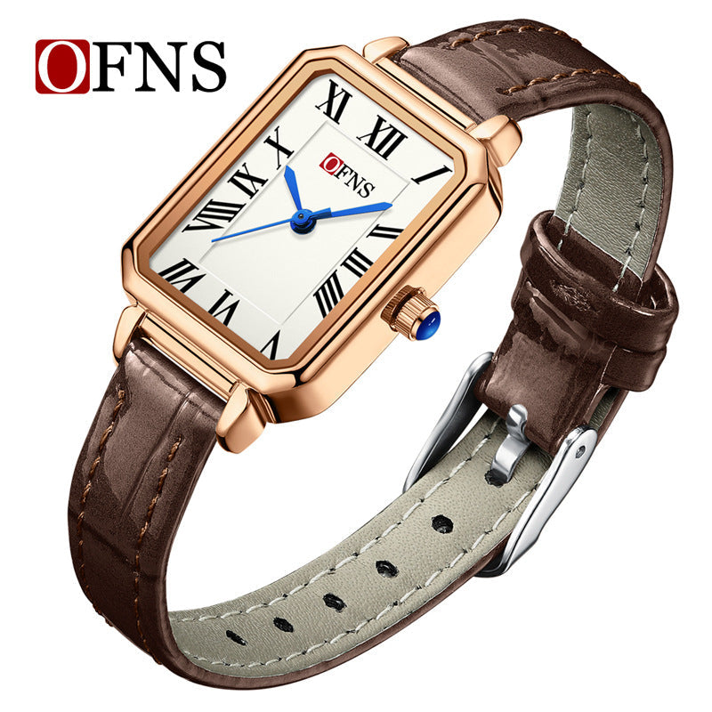 OFNS Women’s Square Quartz Watch – Roman Dial, Leather Strap & Waterproof Design
