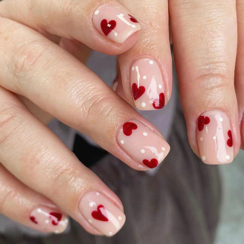 Red Heart Polka Dot Press-on Nails – Cute Square Acrylic False Nails, Glossy Finish