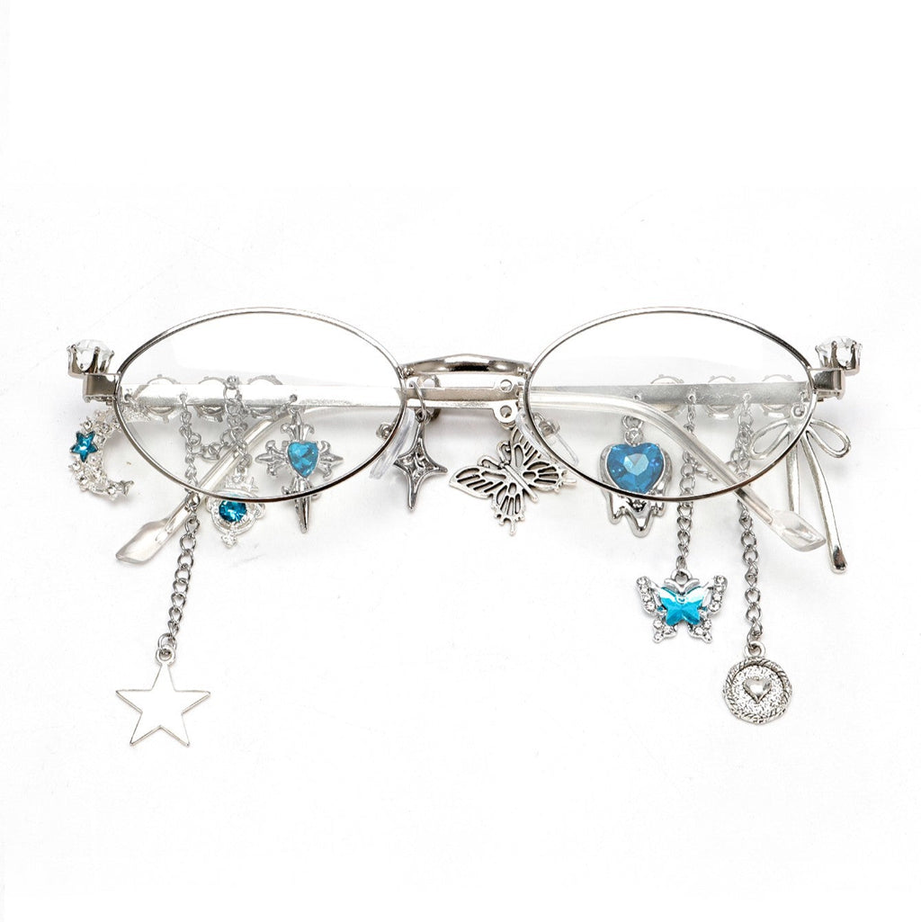 Star Diamond Oval Glasses for Women – Anti-Blue Light Fashion Eyewear with Chain