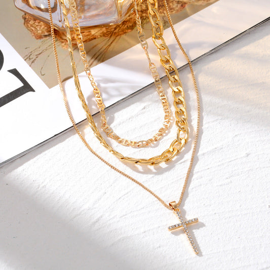 Layered Cross Pendant Necklace – Diamond Heart Multi-Chain Jewelry for Women