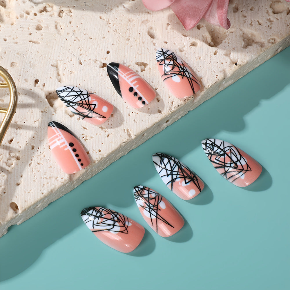 Abstract Stiletto Press-On Nails – Nude & Black Long Artistic Line & Dot Design Set
