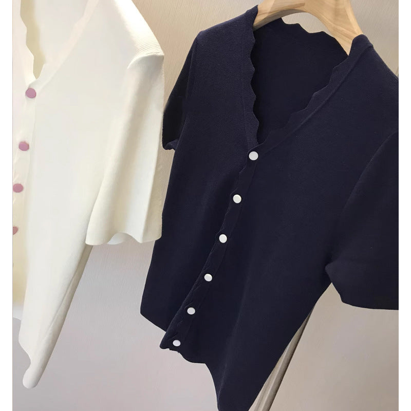 Women's Korean Style V-Neck Knit Cardigan – Elegant Short-Sleeve Button-Down, Wave Edge Trim