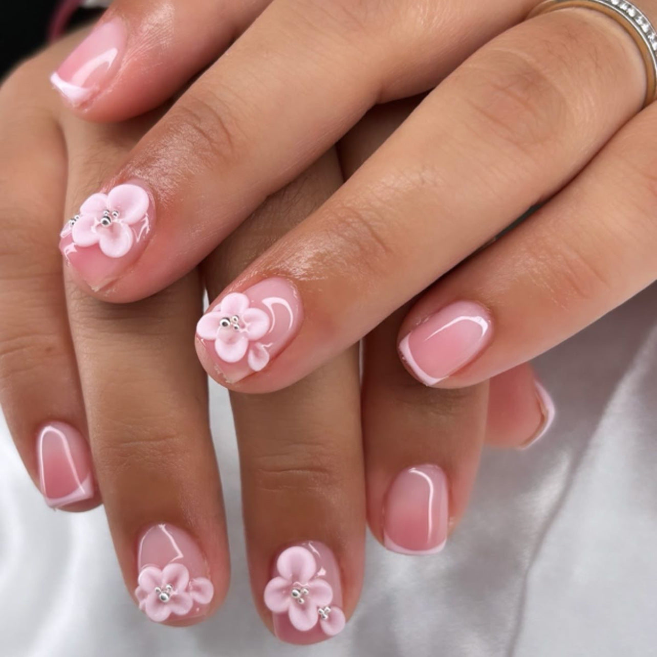 Elegant Nude Pink 3D Floral Press-On Nails – French Tip, Square Glue-On False Nails