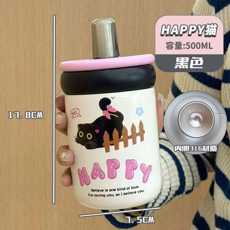 Cute Cat Stainless Steel Thermos Cup – 500ml Insulated Water Bottle with Straw