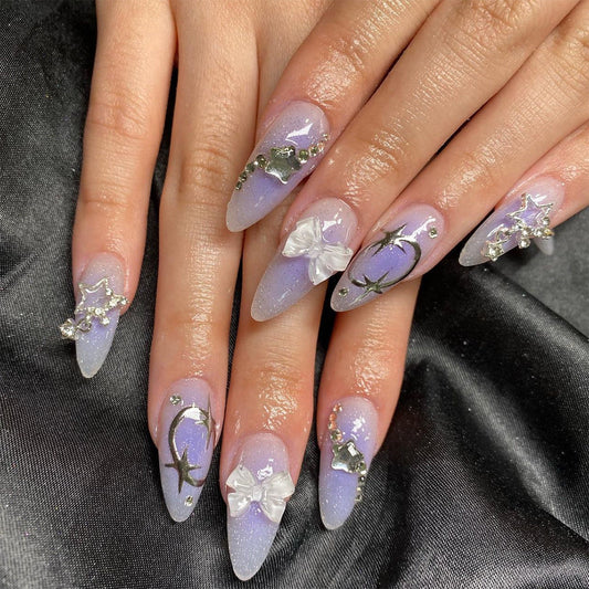 Lavender Celestial Press-On Nails – Long Almond, Glitter Gradient with 3D Stars & Bows