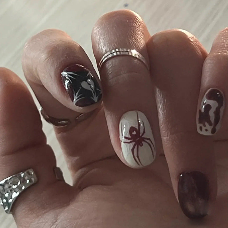 Spider & Heart Press-On Nails – Glossy Red & White Nail Art Set