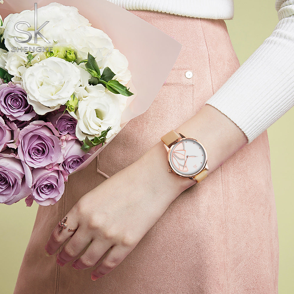 SK Women’s Quartz Watch – Butterfly Dial with Diamond Accents, Leather Strap