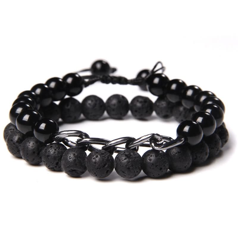 Men’s Lava Stone & Wooden Bead Bracelet – Black Glass Beads