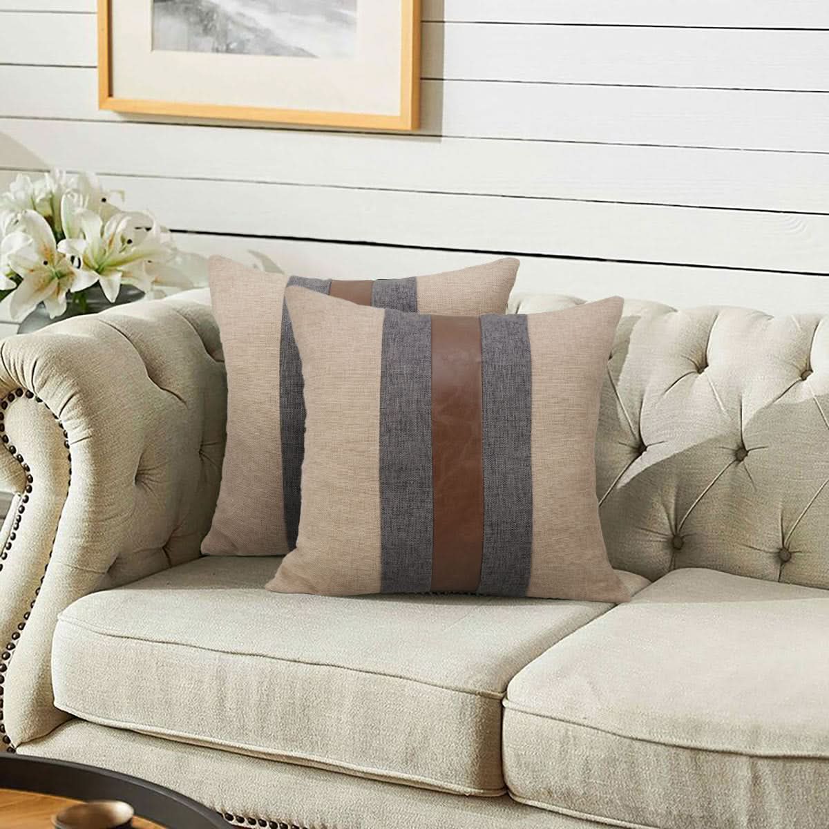 Pure Color Linen & PU Stitching Pillow Cover - Modern Simple Style