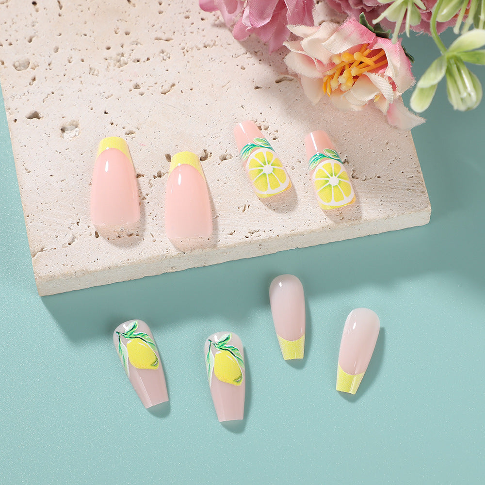 Fresh Lemon French Tip Press-On Nails – Square Acrylic Set with 3D Fruit Design