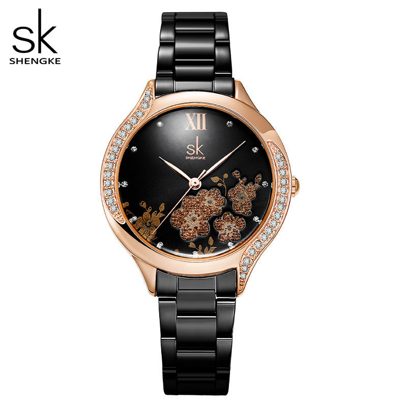 SK Women’s Diamond Quartz Watch – Cherry Blossom Dial, Waterproof Fashion Timepiece