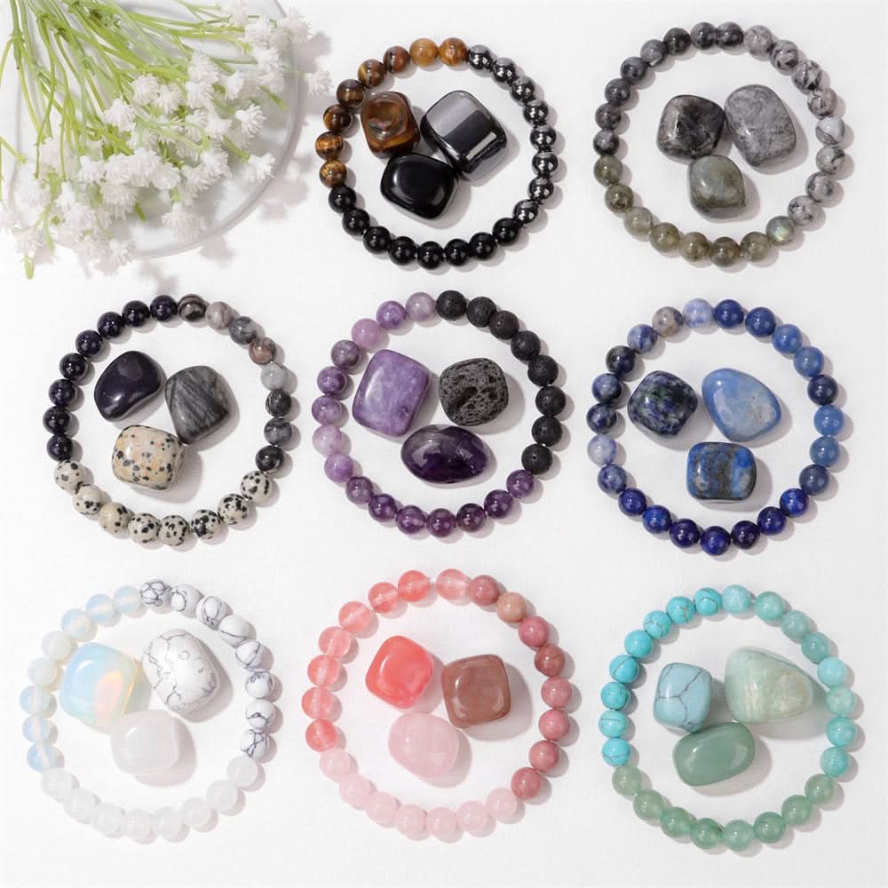 Unisex Boho Natural Stone Bracelet Set – Raw Agate & Volcanic Beads