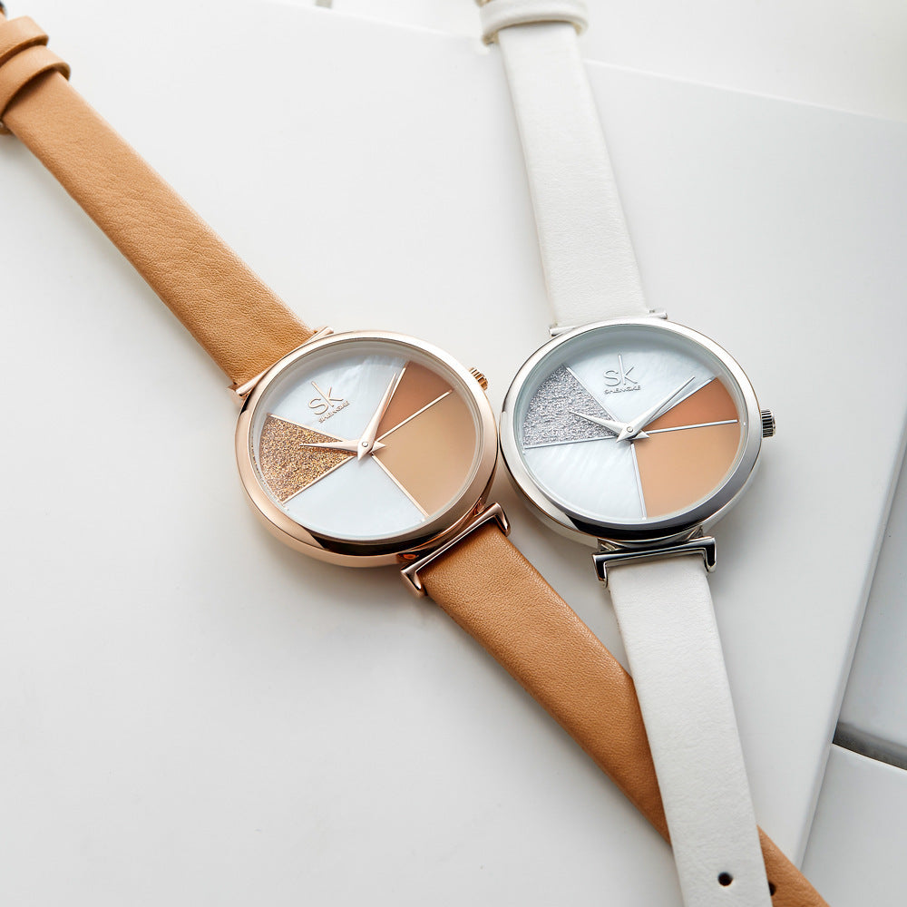SK Women’s Quartz Watch – Glitter Shell Dial with Leather Strap, Waterproof Wristwatch