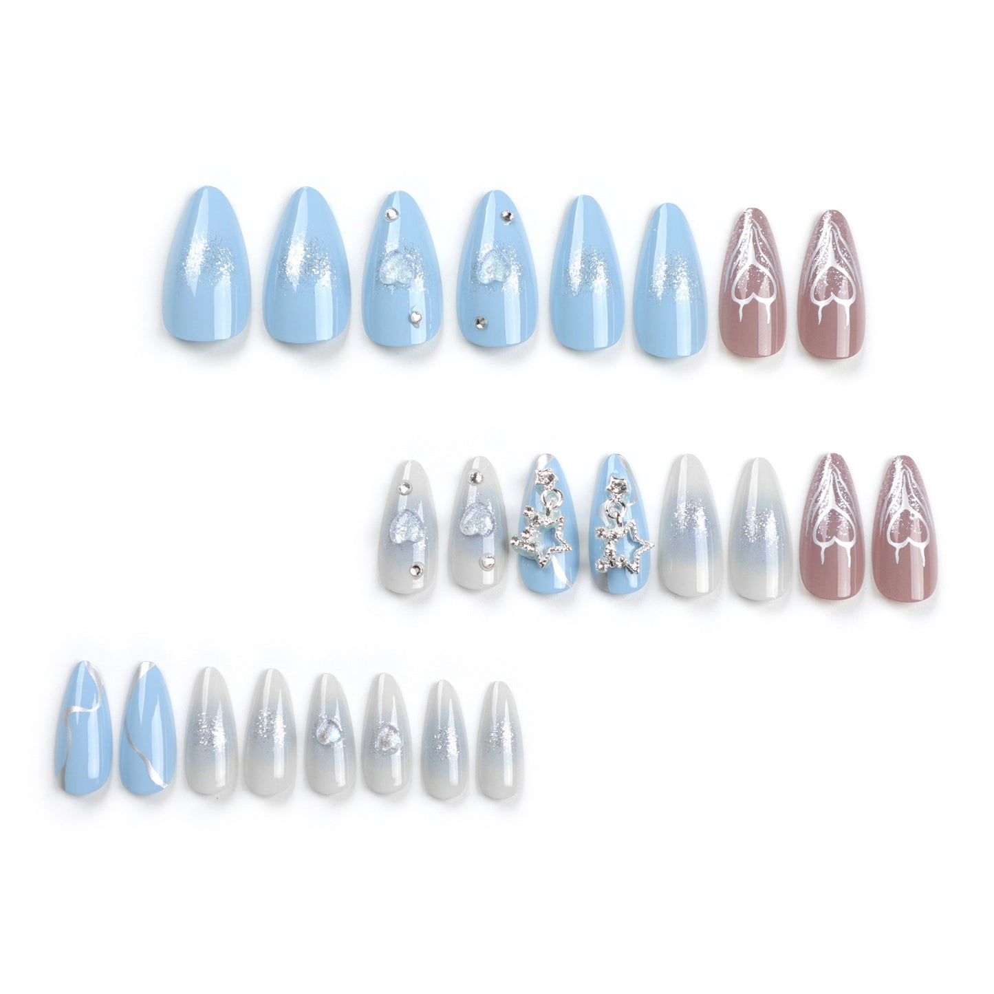 Long Blue Almond Press-On Nails with Stars & Chrome – Celestial Glam Nail Art Set