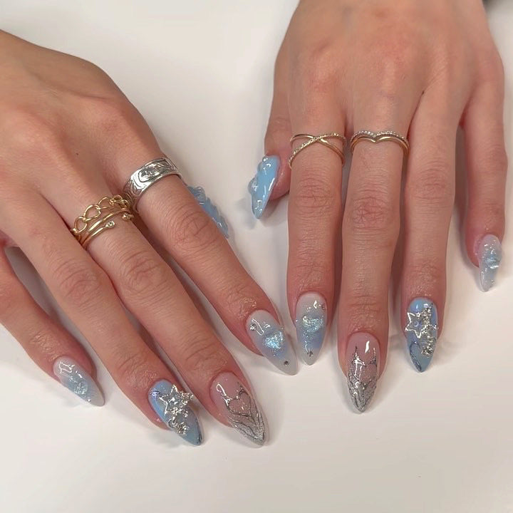 Long Blue Almond Press-On Nails with Stars & Chrome – Celestial Glam Nail Art Set