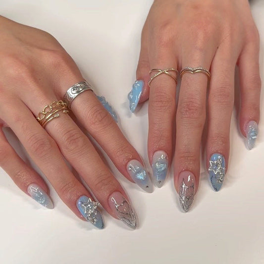 Long Blue Almond Press-On Nails with Stars & Chrome – Celestial Glam Nail Art Set