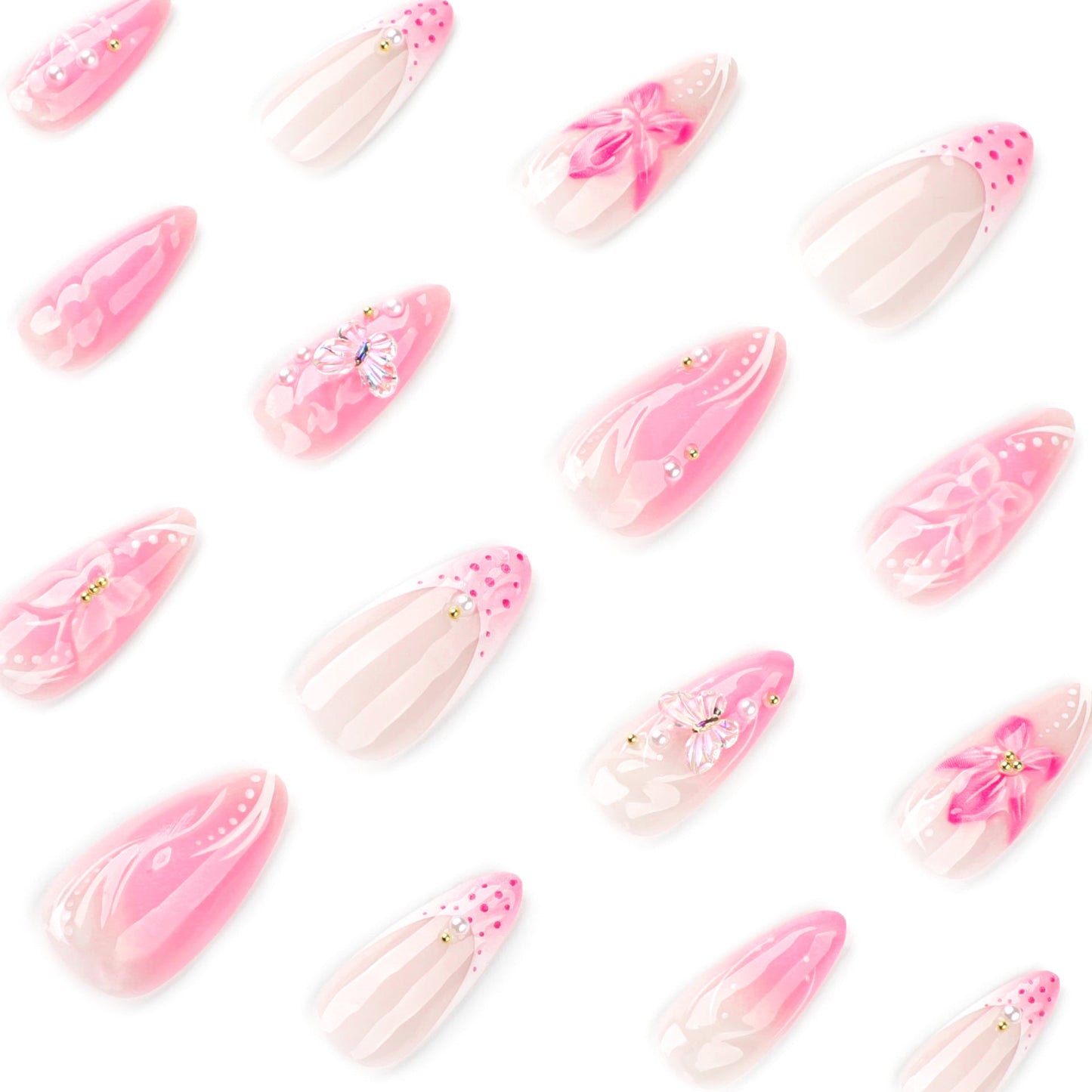 3D Butterfly Floral Press-On Nails – Long Almond Pink & White, Swirl Acrylic Set