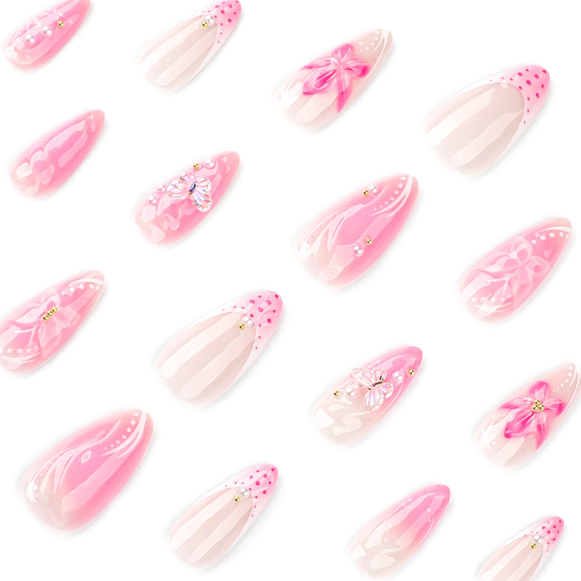 3D Butterfly Floral Press-On Nails – Long Almond Pink & White, Swirl Acrylic Set