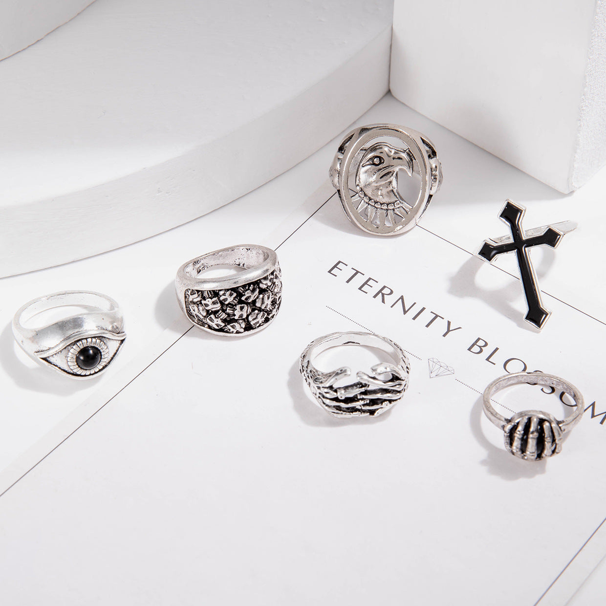 Punk Skull Ring Set for Men – 6-Piece Silver Alloy Gothic Jewelry Collection