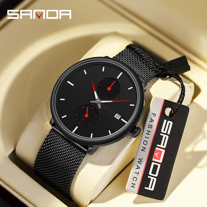 Sanda Men’s Classic Mesh Quartz Watch – Waterproof Luminous Calendar Wristwatch