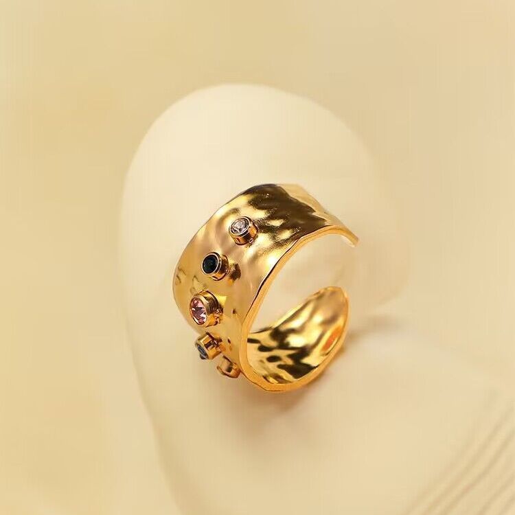 Adjustable Titanium Steel Statement Ring for Women – C-Shaped Colored Zircon Design