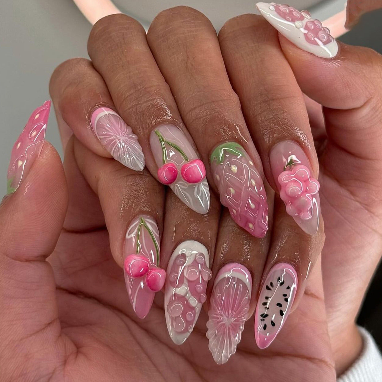 3D Fruit Press-on Nails – Long Stiletto Pink Cherry & Floral Design | Glue-On Acrylic
