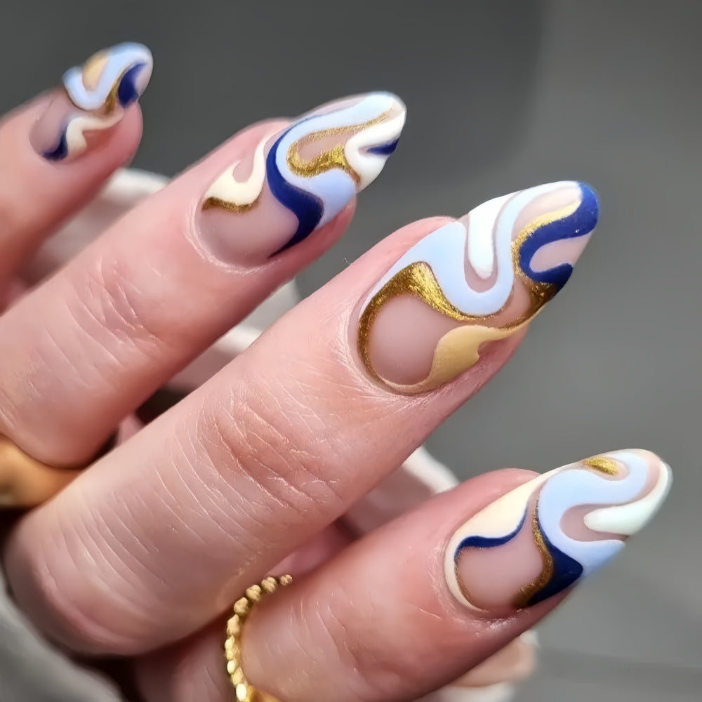 Luxury Swirl Almond Press-On Nails – Gold Rimmed Abstract Design, Reusable Acrylic Set