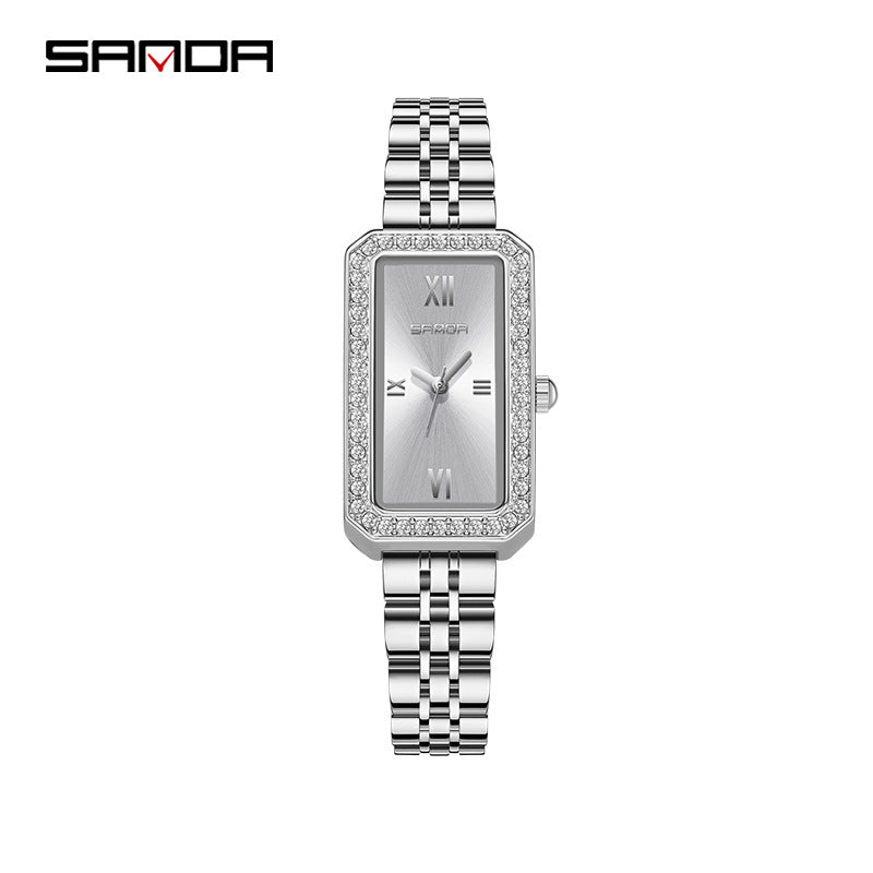 SANDA Women's Quartz Watch – Retro Diamond-Accented Stainless Steel Band