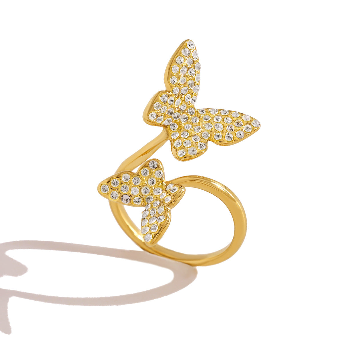 Double Butterfly Diamond Ring – Gold Titanium Steel Adjustable Luxury Jewelry
