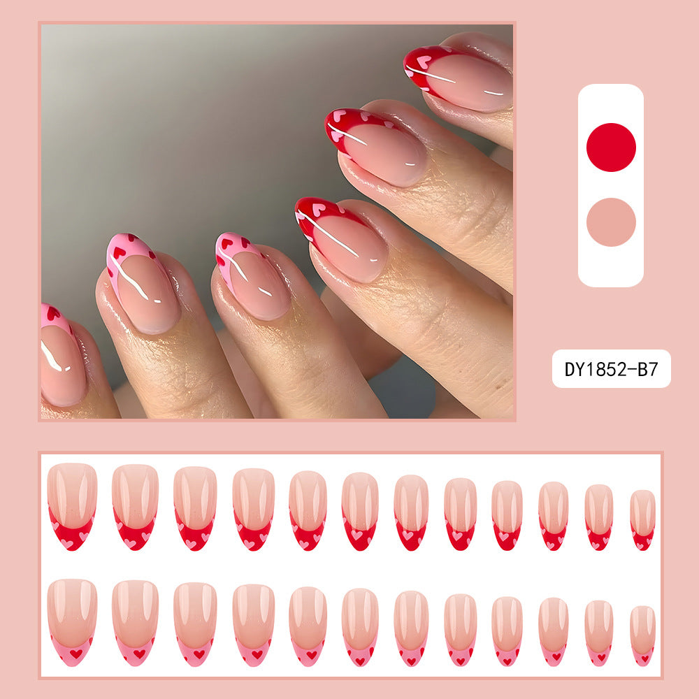 Cute French Tip Press-On Nails with Heart Design, Acrylic Glue-On Nails