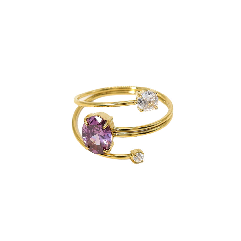 Purple Zircon Titanium Steel Ring – Adjustable Gold-Plated Luxury Women’s Jewelry