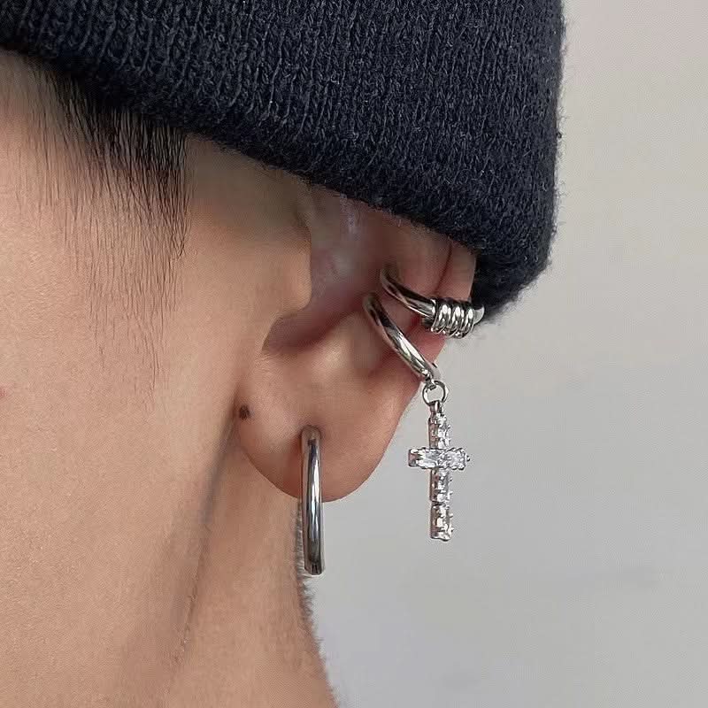 Men’s Cross Clip-On Earrings – No Piercing Needed U-Shape Design