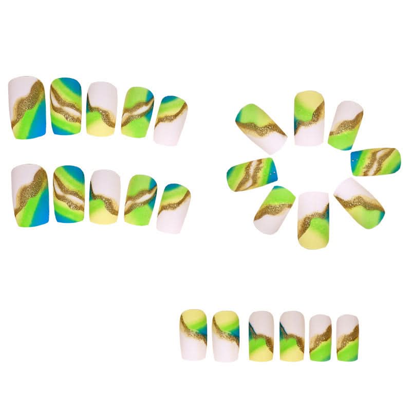 Wearable Fluorescent Green Nail Tips – Gold Edge Gradient Nail Art Patches