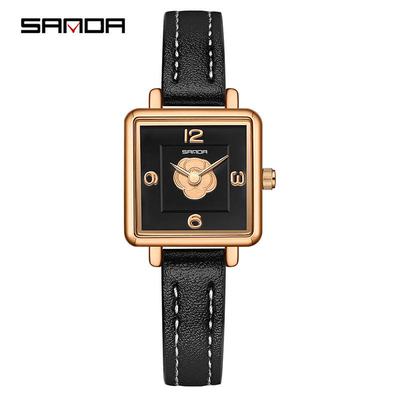 Sanda Women’s Square Quartz Watch – Waterproof Leather Strap Casual Analog Watch