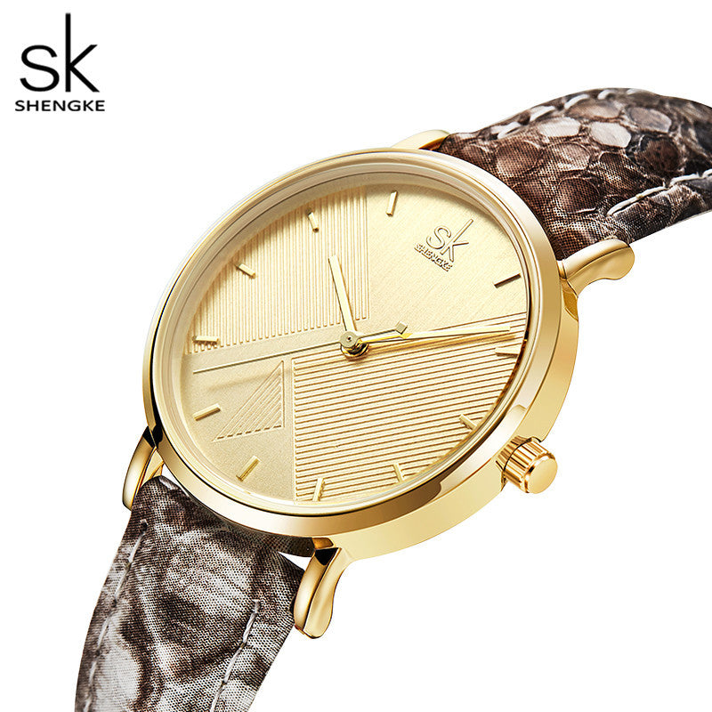 SK Fashion Women’s Quartz Watch – 30M Waterproof Leather Strap, Trendy Printed Design