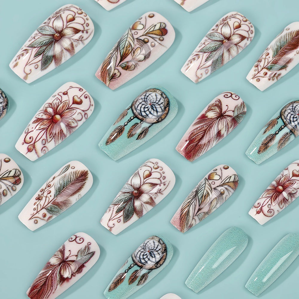 Long Almond Press-On Nails – Bohemian Floral & Butterfly Acrylic Nail Art Set (24pcs)