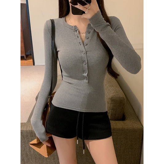 Spice Girls Women's Slimming Long-Sleeved T-shirt - Buttoned Shoulder, Spring & Autumn Base Top
