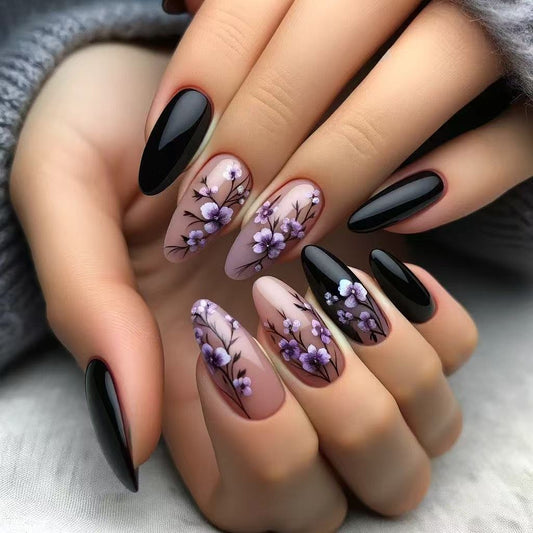 Elegant Almond Press-On Nails – Black & Nude with Purple Floral Design False Nails
