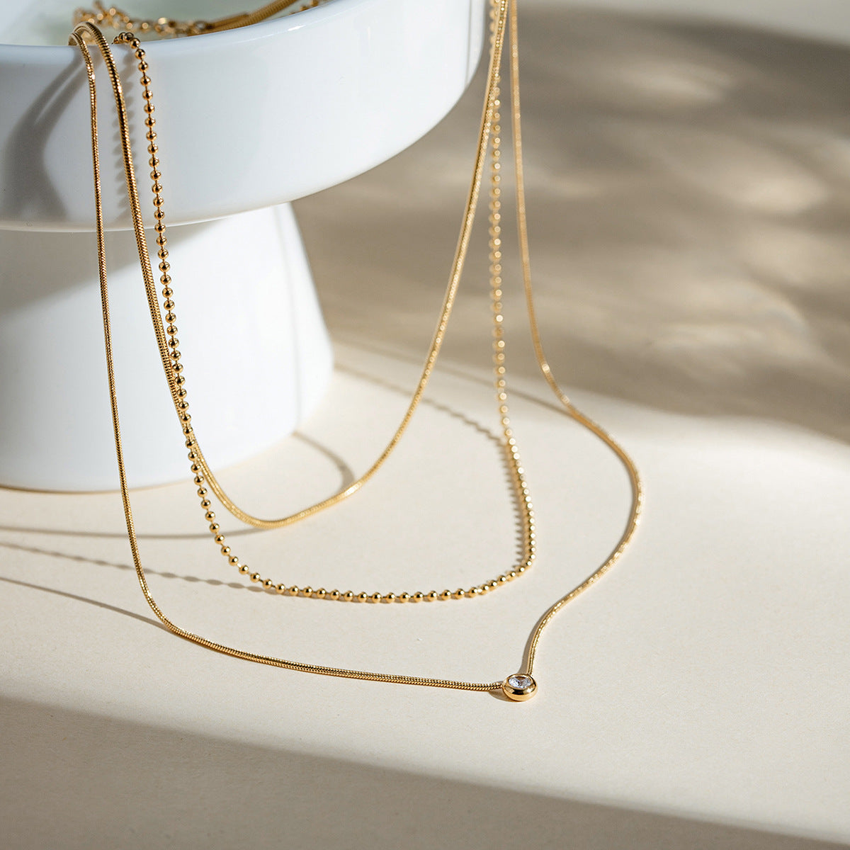Gold Layered Rhinestone Pendant Necklace – Stainless Steel Triple Chain Jewelry