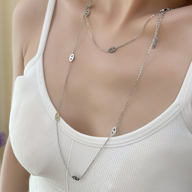 Double-Layer Titanium Steel Long Necklace – Light Luxury Women’s Pig Nose Chain
