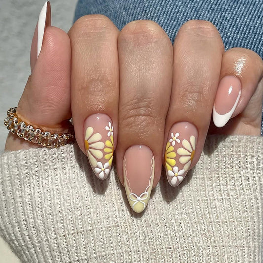 Floral Almond Press-On Nails – Medium Nude with Daisies & French Tip Design