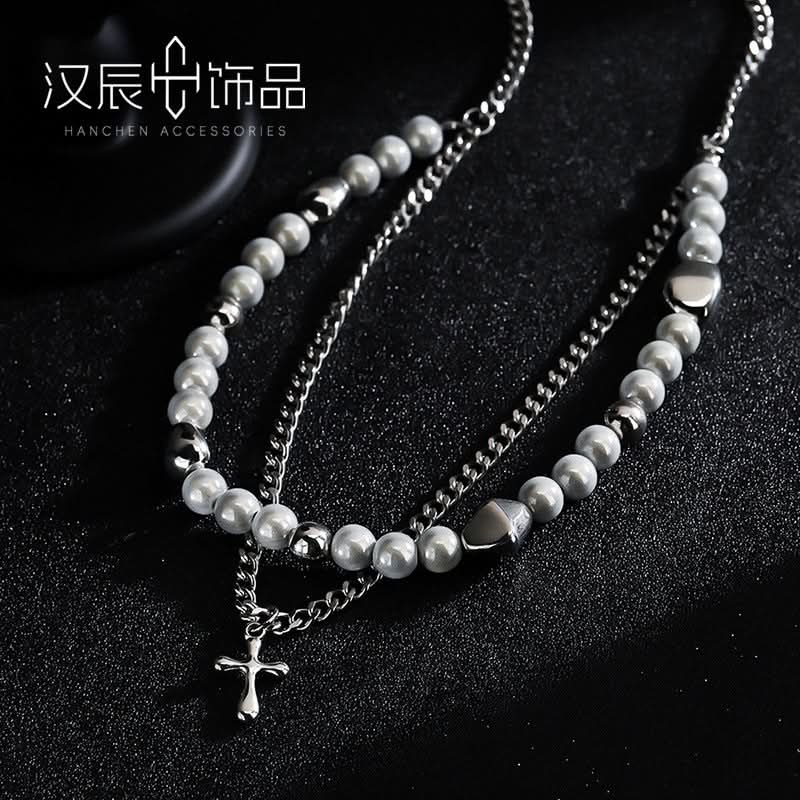 Men’s Trendy Pearl Cross Necklace – Layered Jewelry