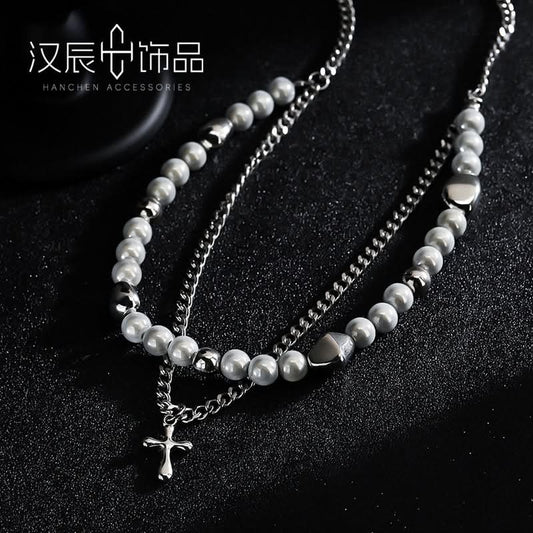 Men’s Trendy Pearl Cross Necklace – Layered Jewelry