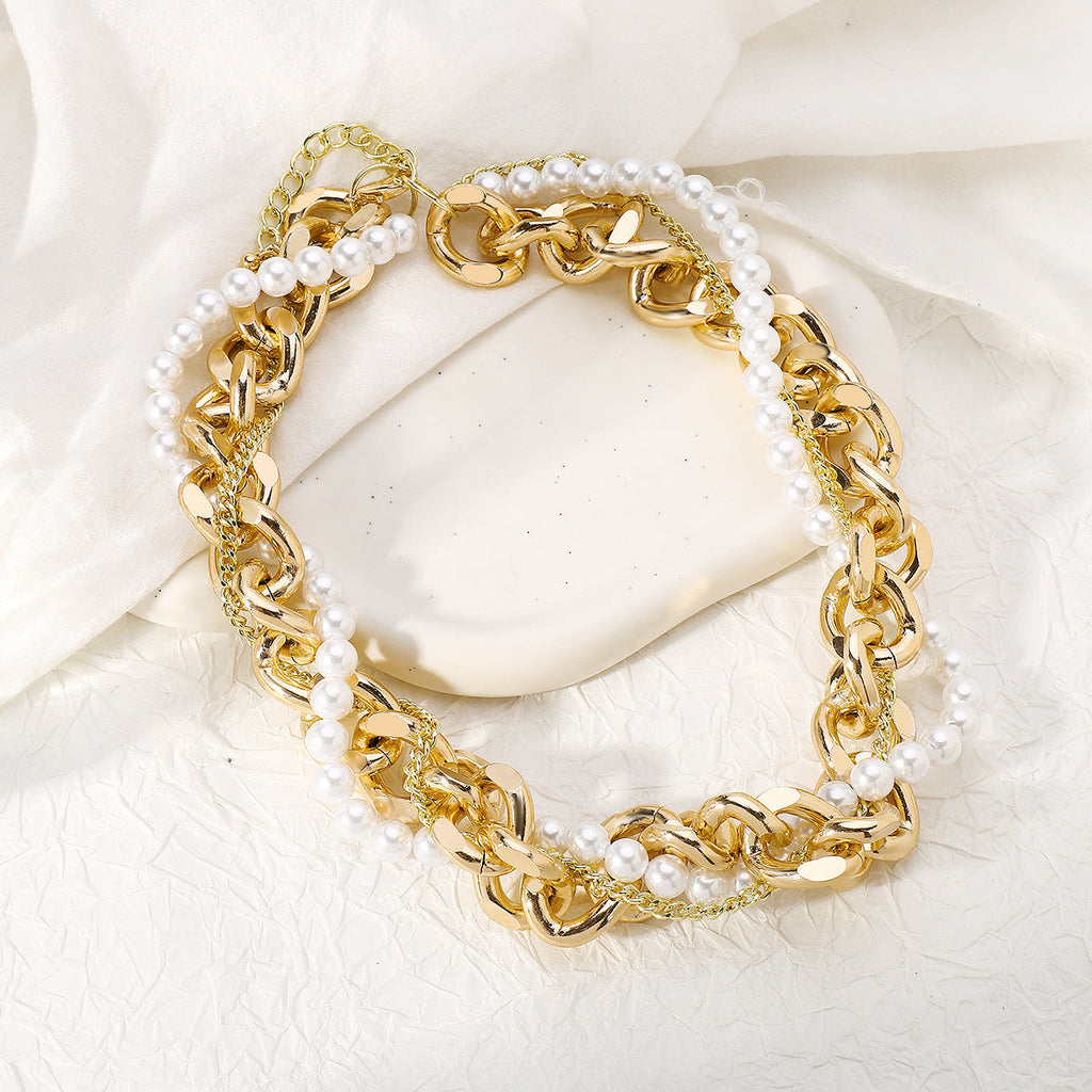 Vintage Pearl Layered Necklace for Women – Elegant Gold Metal Chain Jewelry