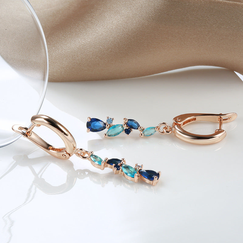 Blue Zircon Long Earrings – Rose Gold Geometric Jewelry