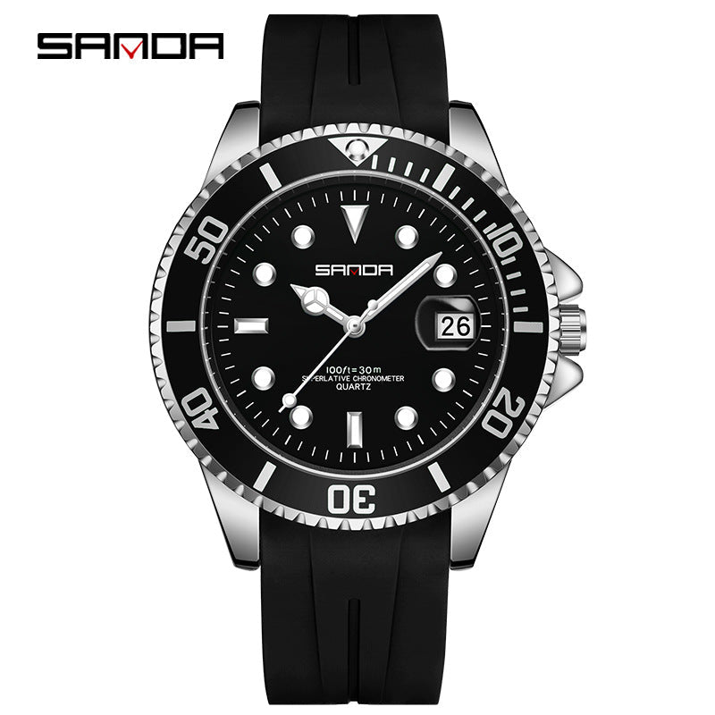 Sanda Men’s Quartz Watch with Calendar – Luminous Waterproof Silicone Wristwatch